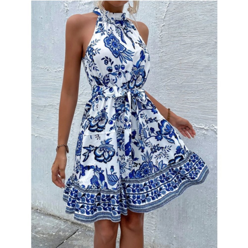 Blue And White Boho Womens Floral Print Belted Halter Dress - Picture 2 of 6